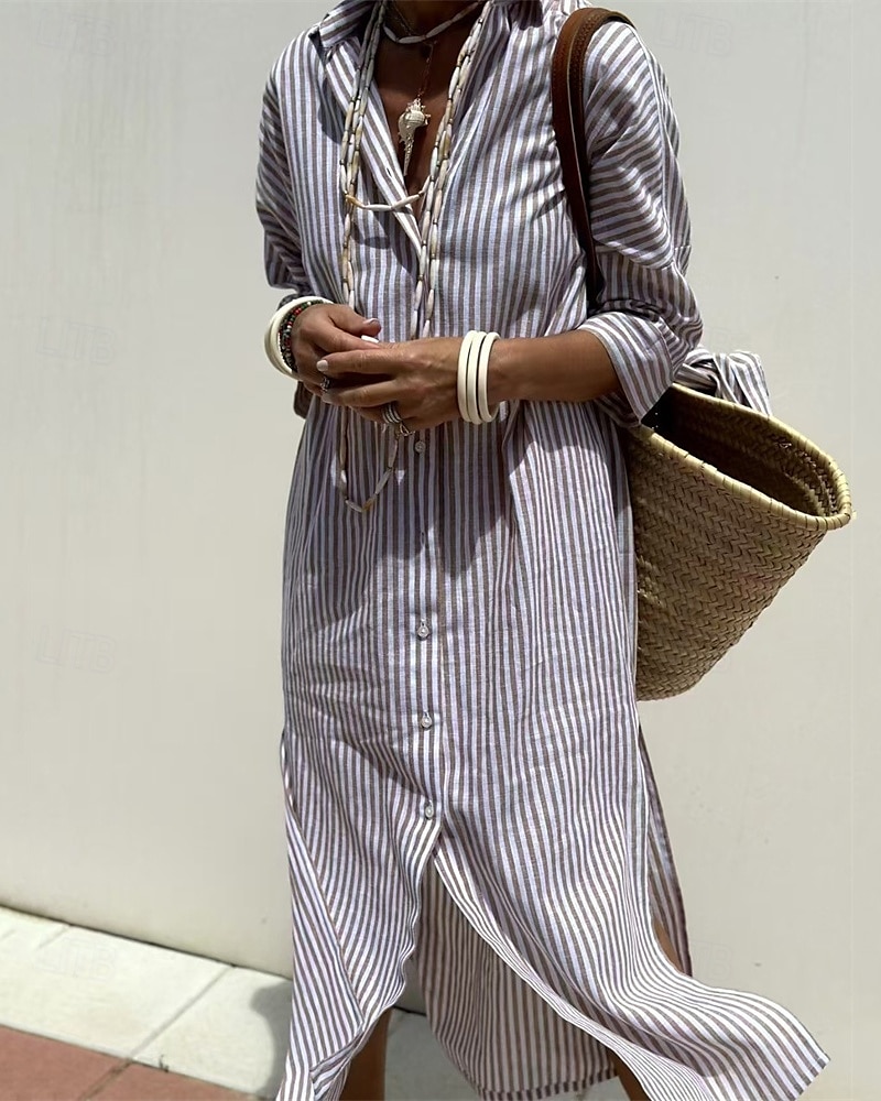 Femmes Robe Midi Robes inspirées du lin Robe Chemise Robe Décontractée Mode Moderne Quotidien Plage Week-end Coupe régulière Rayé manche longue Col de chemise Rose Claire Marron clair Bleu Ét de 2025 ? $36.99 –P3