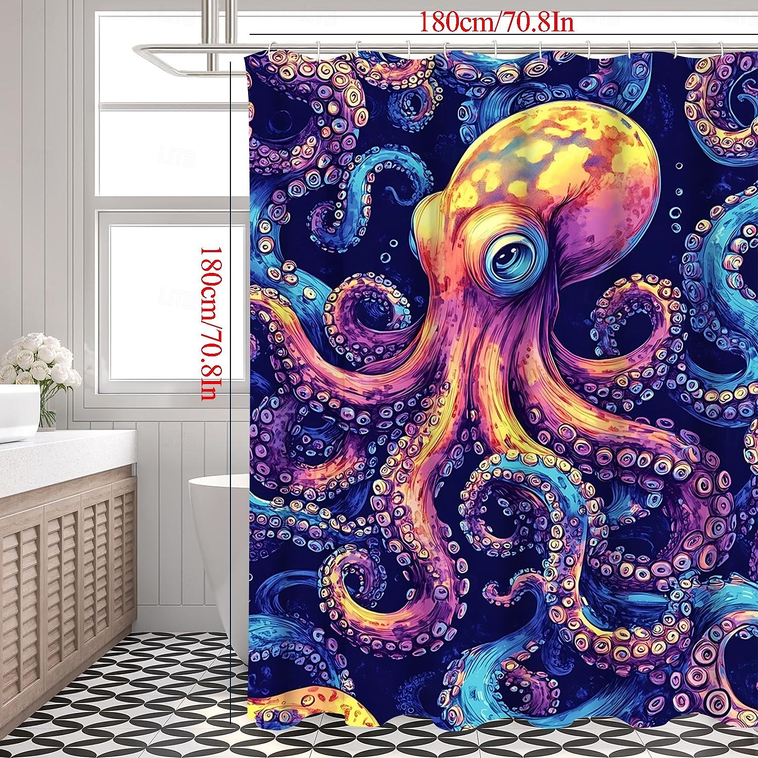 Perdea de duș cu animale oceanice, broaște țestoase, cu cârlige pentru baie, set de decor pentru baie, poliester, impermeabil, pachet de 12 cârlige din plastic 2026 - $22.99 –P3