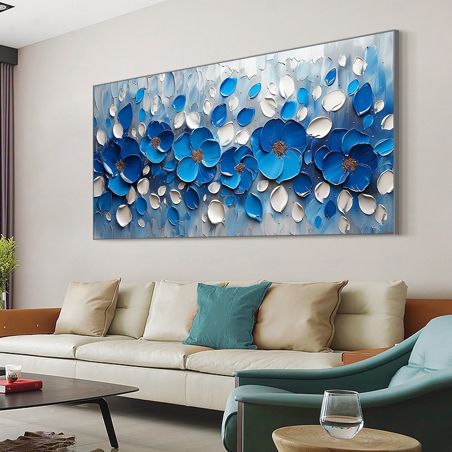 Pintura a óleo texturizada floral azul original feita à mão sobre tela abstrata com flores para decoração de parede com moldura esticada sem moldura interna de 2025 por $170.99 –P6