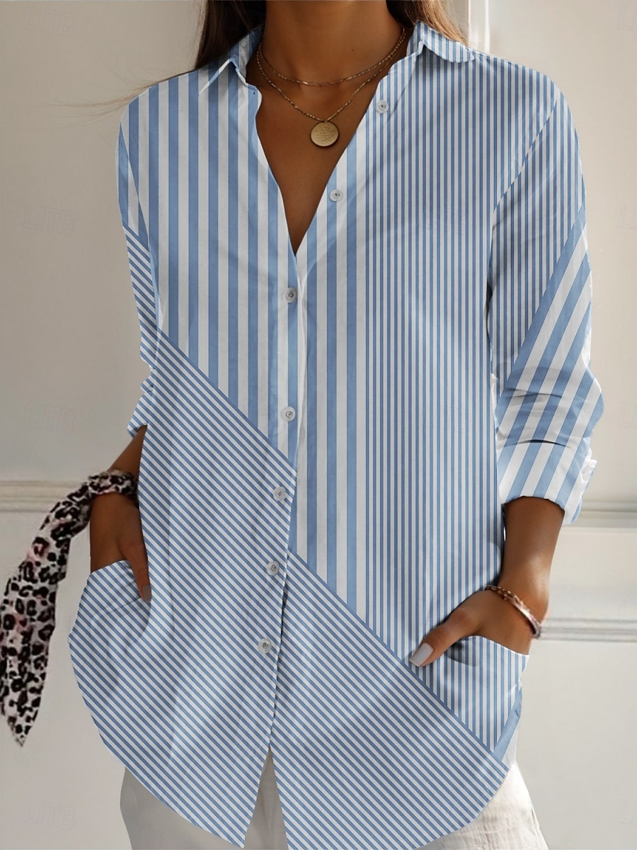 Per donna Camicia A righe Attivo Quotidiano Elegante Manica Lunga Colletto a Camicia Top Regolari Quotidiano Ferie Bottoni Stampato Blu Viola Verde Cachi Grigio Primavera Autunno del 2025 a $25.99 –P1