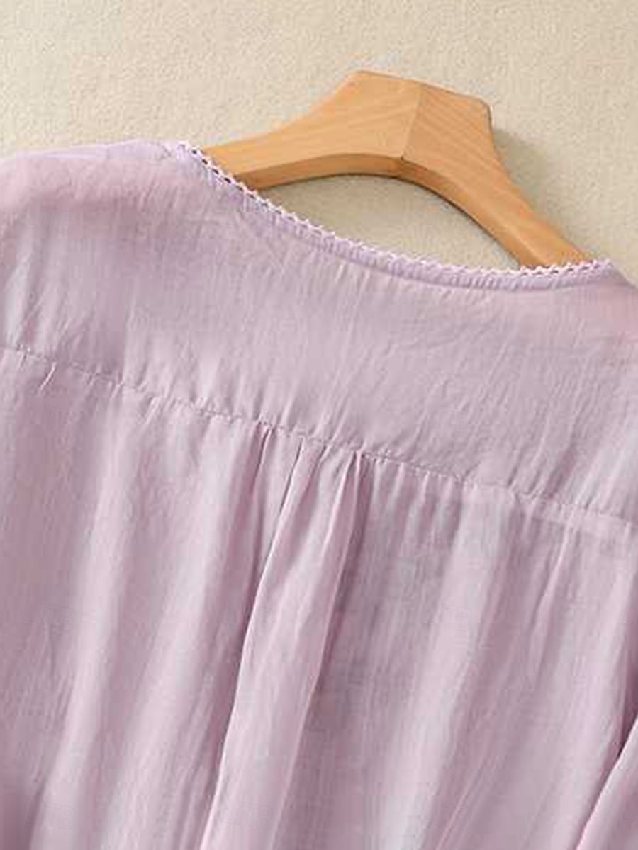 Femmes Chemises en coton et lin Couleur Unie Basique Occasionnel Manche 3/4 Col ras du cou Hauts Réguliers Quotidien Broderie Jaune Violet Vert Gris Été de 2025 ? $25.99 –P2