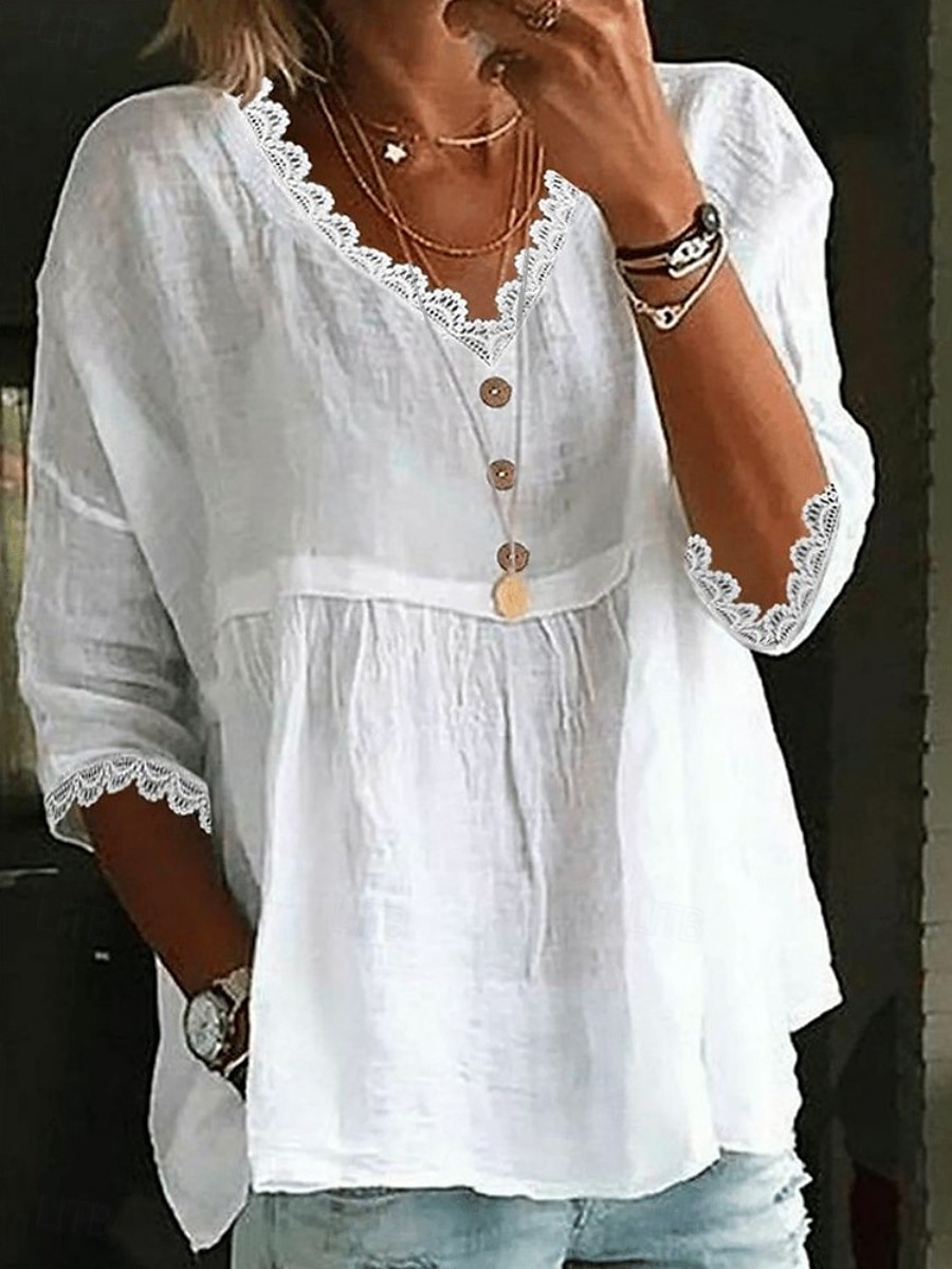 Women's Cotton Linen Shirts Solid Color Basic Casual 3/4 Length Sleeve V Neck Regular Tops Daily Lace Patchwork White Pink Sky Blue Summer 2025 - $19.99 –P2