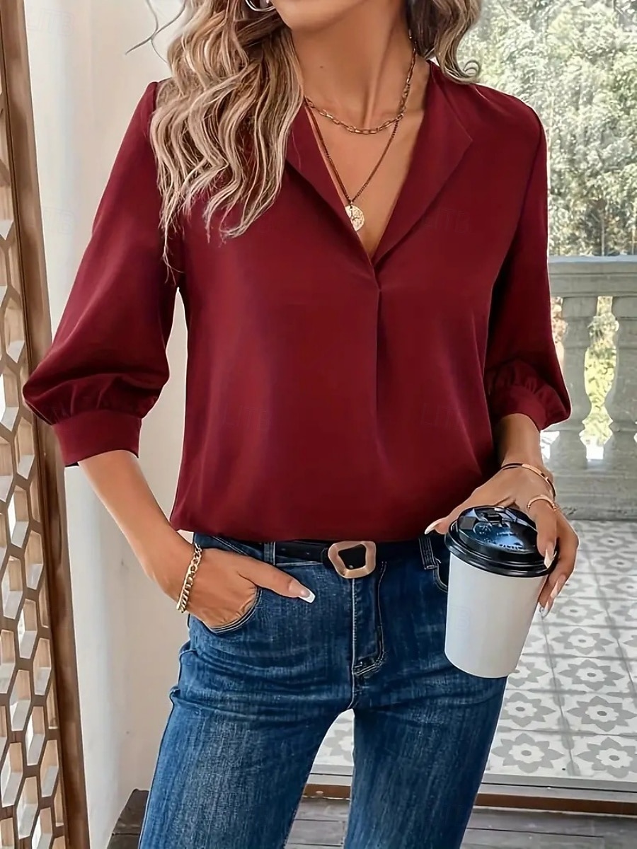 Mujer Blusa Color sólido Elegante Básico Casual Manga 3/4 Cuello Camisero Tops regulares Oficina Trabajo Negro Vino Verde Trébol Verano Primavera Otoño 2026 - $25.99 –P8