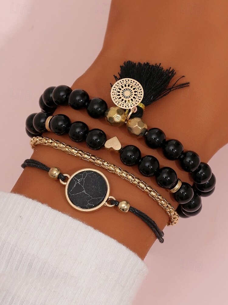 Set di braccialetti con perline di howlite da donna: stile boho a strati con ciondolo a forma di cuore, pendente in marmo e nappa per abbigliamento casual, outfit da spiaggia e regali del 2025 a $9.99 –P1