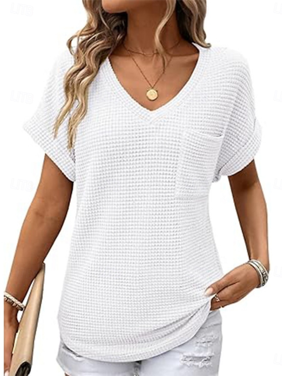 Dame Bluse Helfarge Stilfull Fritid Kortermet V-hals Vanlige topper Daglig Lomme Svart Hvit Rosa Grønn Sommer 2025 - $21.99 –P3