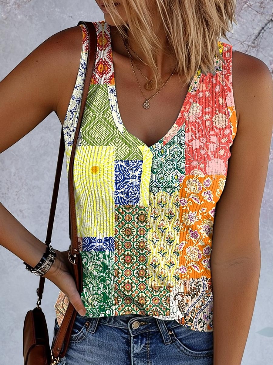 Dame Camisole Tank Top Grafisk Geometrisk Årgang Stilfull Etnisk Ermeløs V-hals Vanlige topper Daglig Trykt mønster Gul Blå Lilla Grønn Sommer Vår 2025 - $17.99 –P5