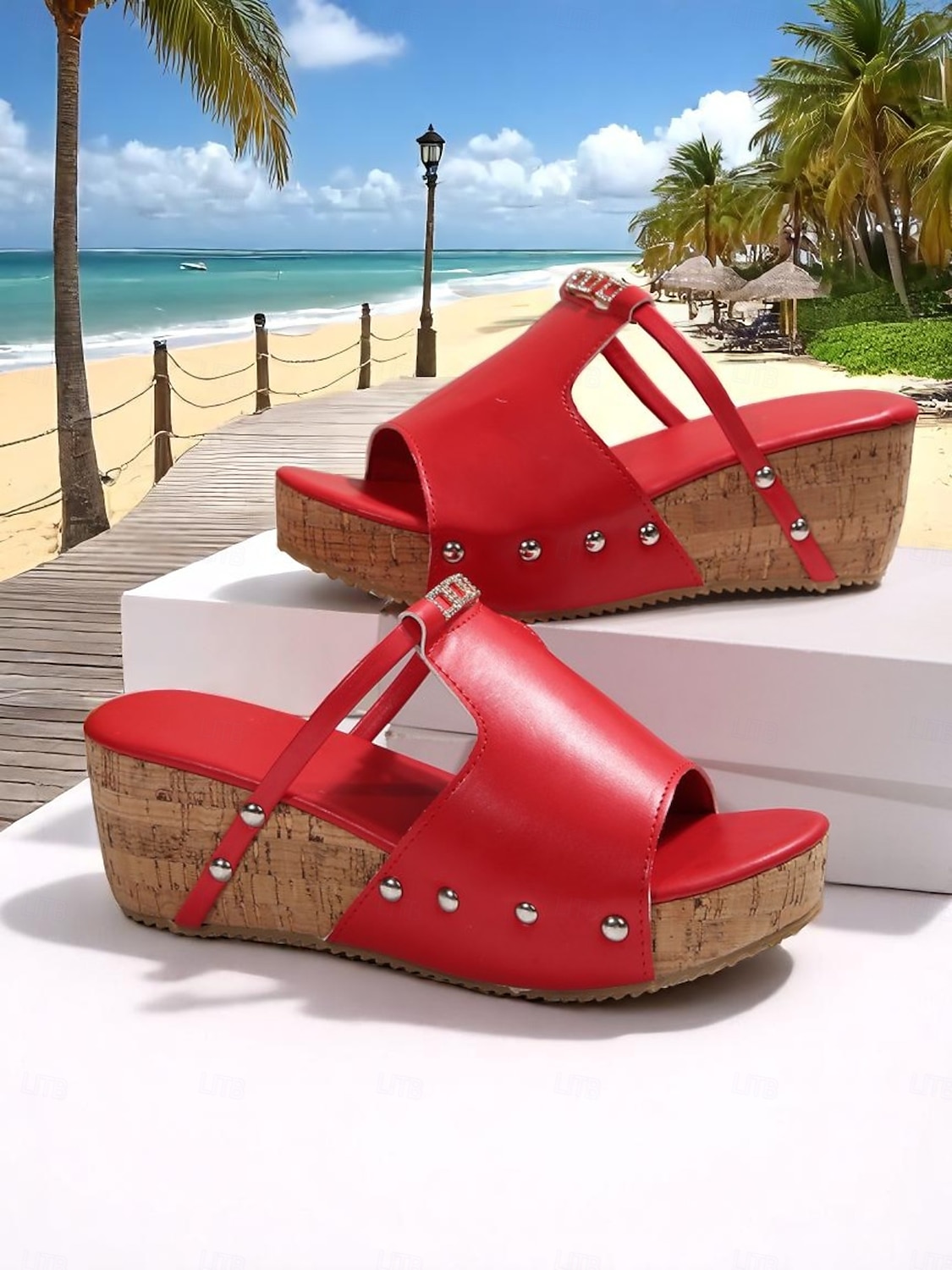 Sandales compensées en liège noir et blanc pour femmes avec des accents de strass, chaussures d'été décontractées à enfiler pour les sorties à la plage et les tenues de vacances de 2025 ? $26.99 –P8