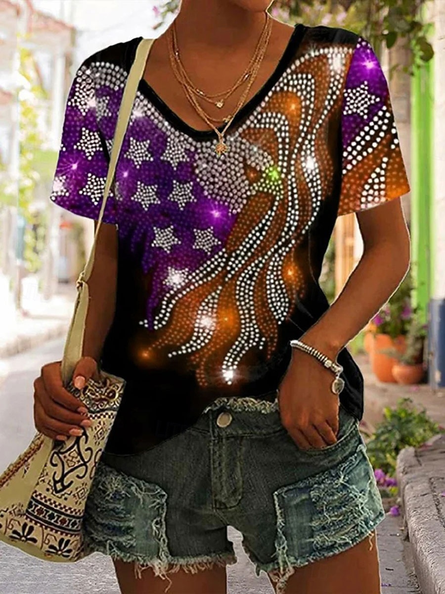 Függetlenség Napja Hazafias Női póló Grafikai Zászló Vintage Stílusú Klasszikus Rövid Ujjú V Nyakú Normál Pólók Napi Nyomtatás Fekete Lila Zöld Nyár Tavasz 2026 - $21.99 –P5