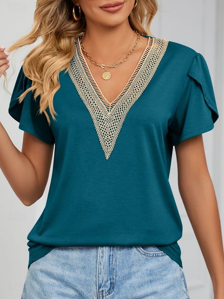 Pentru femei Tricou Simplu Modă Stilat Clasic Manșon scurt În V Topuri obișnuite Zilnic Sfârșit de săptămână Peteci Verde Deschis Albastru piscină Trifoi Gri Vară Primăvară 2025 - $17.99 –P7
