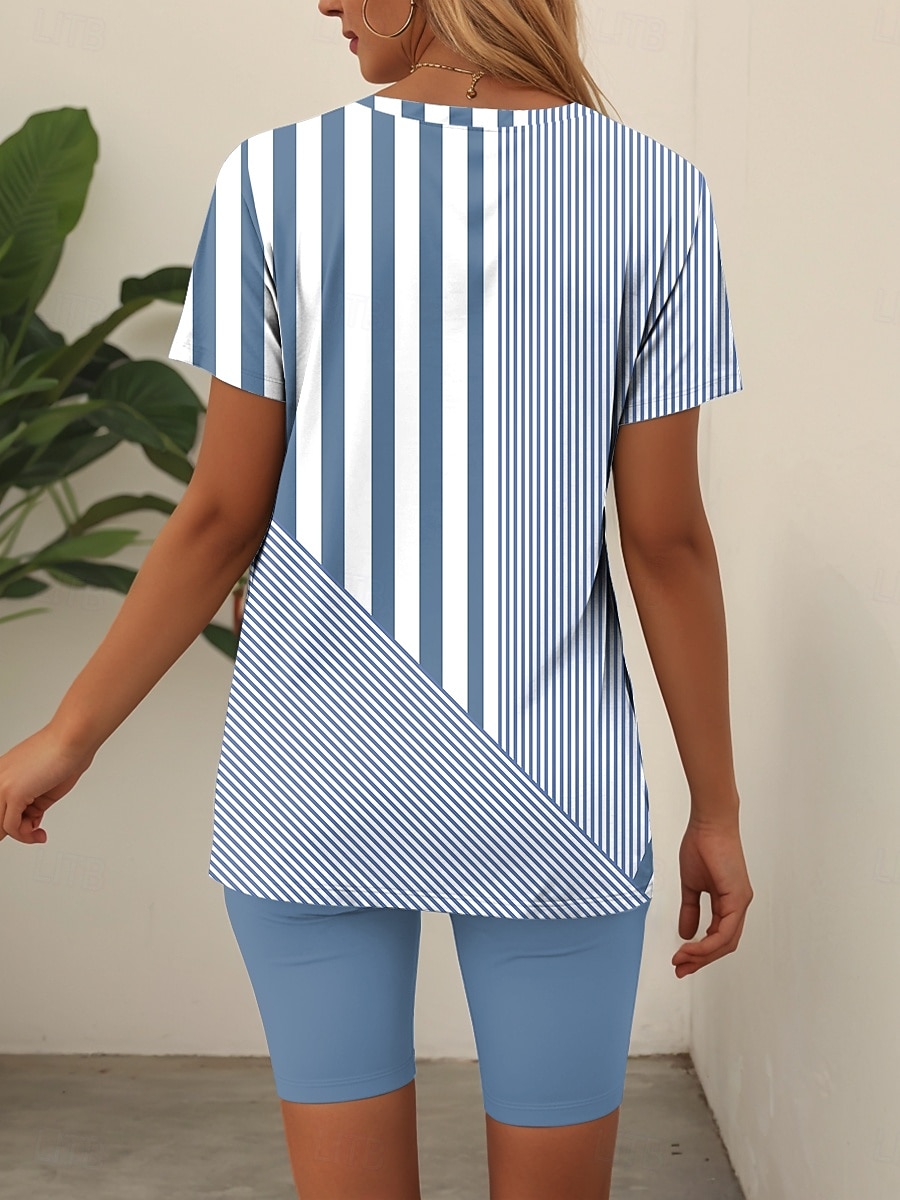 Femmes Mode T-shirt Ensembles de Shorts Manche Courte Col en V Graphique Rayé Imprimé Décontracté Quotidien Bleu Violet Vert Été Coupe Ample de 2025 ? $29.99 –P2