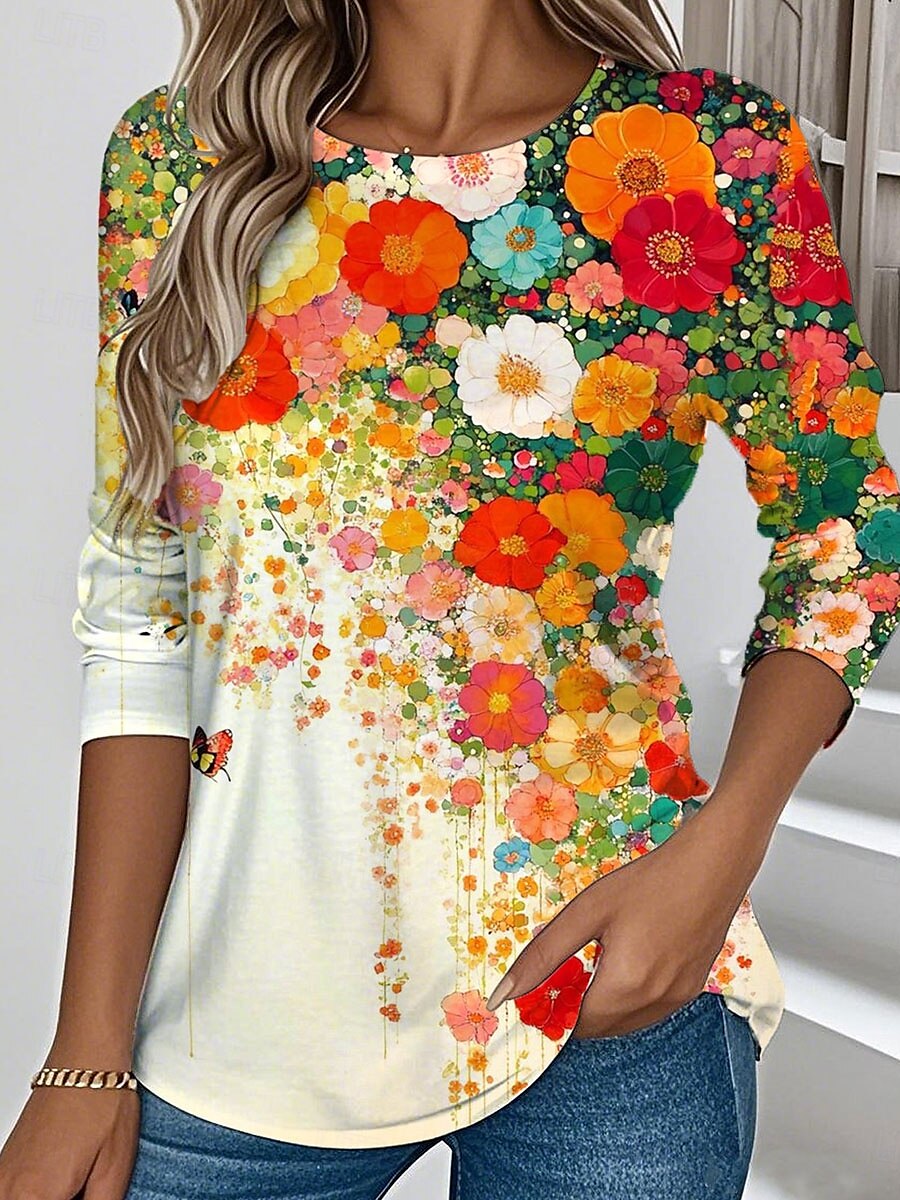Dame T skjorte Blomstret Grafisk Planter Årgang Stilfull Klassisk Langermet Crew-hals Vanlige topper Daglig Helg Trykt mønster Gul Blå Grønn Sommer 2025 - $22.99 –P2