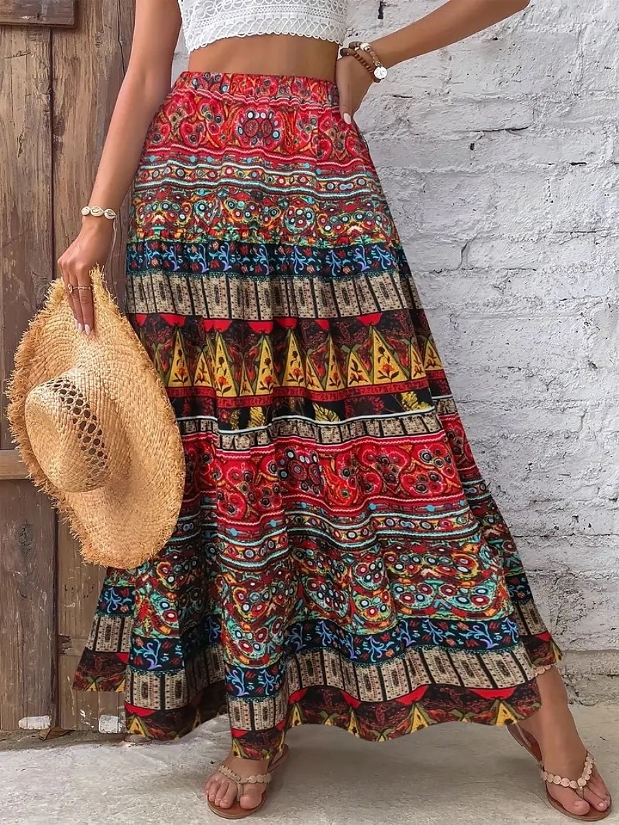Dame الالتفاف A-linje Bohem Årgang Fritid Maksi Høy Midje Skjørt Blomstret Trykt mønster Mikroelastisk Feriereise Gate Gul Rød Sommer Polyester 2025 - $17.99 –P3