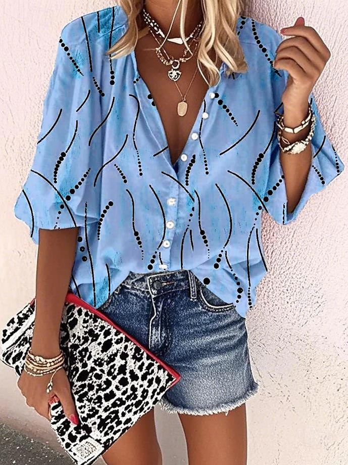 Damen Bluse Grafik Geometrisch Elegant Täglich Stilvoll Dreiviertelarm Hoher Ausschnitt Normale Oberteile Knöpfe Druck Weiß Gelb Rosa Blau Sommer Frühling 2025 - $34.99 –P4