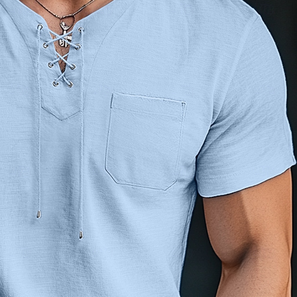 Pánské Tričko Henley Tričko Top Krátký rukáv Pevná barva Bez vzoru Jednobarevné Módní Designové Základní kravata vpředu Do V Dovolená ulice Ležérní Léto Černá Bílá Vodní modrá Tričko Henley 2025 - $20.99 –P3