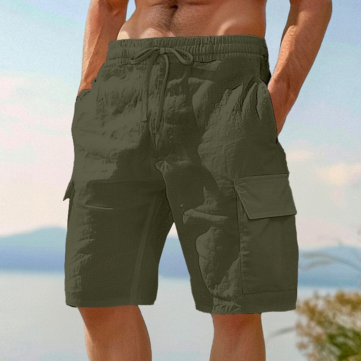 Homens Bermuda Cargo Calção Shorts de linho Shorts de verão Shorts de praia Cintura elástica Com Cordão Bolso multi Tecido Comprimento do joelho Ao ar livre Praia Férias Havaiana Preto Branco Sem de 2025 por $22.99 –P8