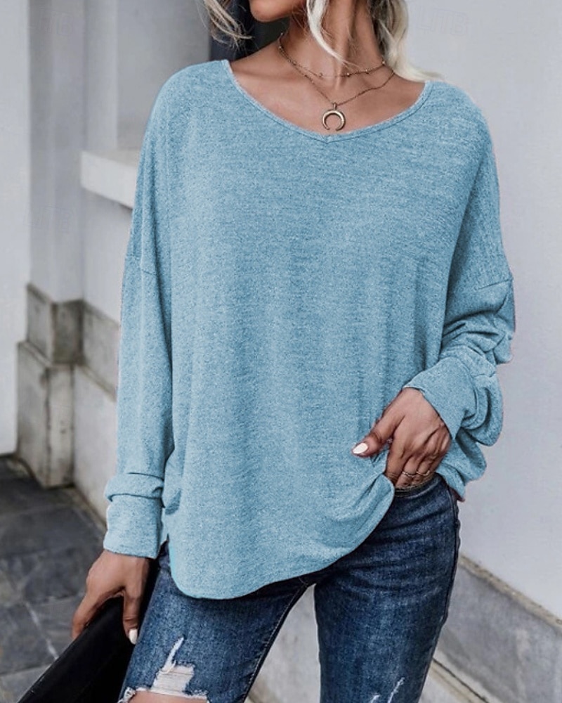 Femmes Chemisier Uni Occasionnel manche longue Col en V Hauts Réguliers Quotidien Fête Sortir Ourlet asymétrique Bleu Poudré Violet Bleu clair Été de 2025 ? $21.99 –P16
