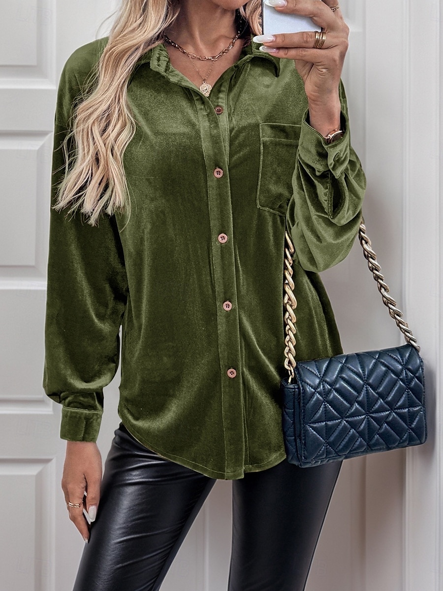 Damen Hemd Einfarbig Elegant Stilvoll Lässig Langarm Hemdkragen Normale Oberteile Täglich Knöpfe Rote Blau Braun Grün Sommer Frühling 2025 - $32.99 –P8