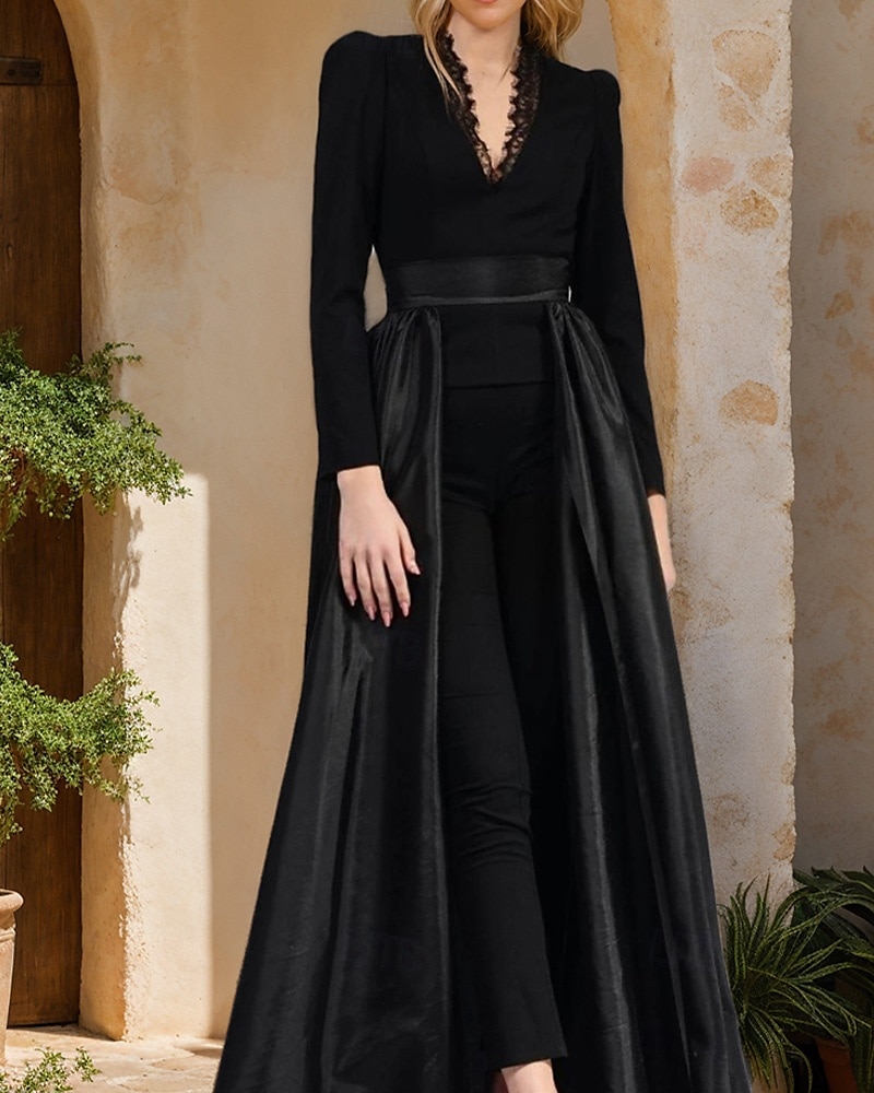 Jumpsuit Nadrágkosztüm Anyának a Menyasszonyhoz Jumpsuit Leválasztható Szoknya Elegáns Egyszerű Minimalista V Nyak Padlós Hosszúságú Bokáig Érő Szatén Krepp Nyújtható Anyag Hosszú Ujjú Csipkével 2025 - $145.99 –P2