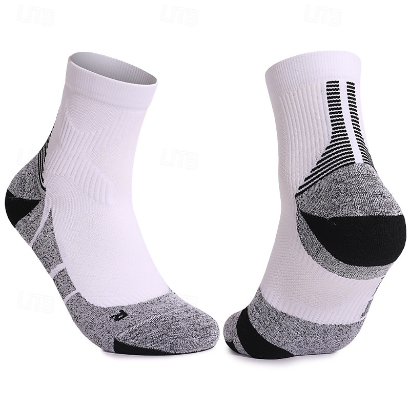 1 par de calcetines de senderismo para hombre, calcetines deportivos transpirables, antiampollas, que absorben el sudor, antibacterianos, para exteriores, de un cuarto de tripulación, de algodón, con parches, violeta, negro y blanco, para esquí, snowboard 2025 - $10.39 –P5