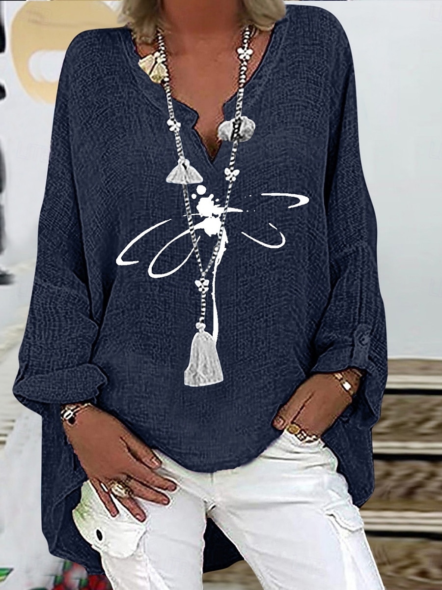 Women's Cotton Linen Shirts Dragonfly Basic Casual Long Sleeve V Neck Regular Tops Daily Print Black Navy Blue Sky Blue Summer Fall 2025 - $29.99 –P2