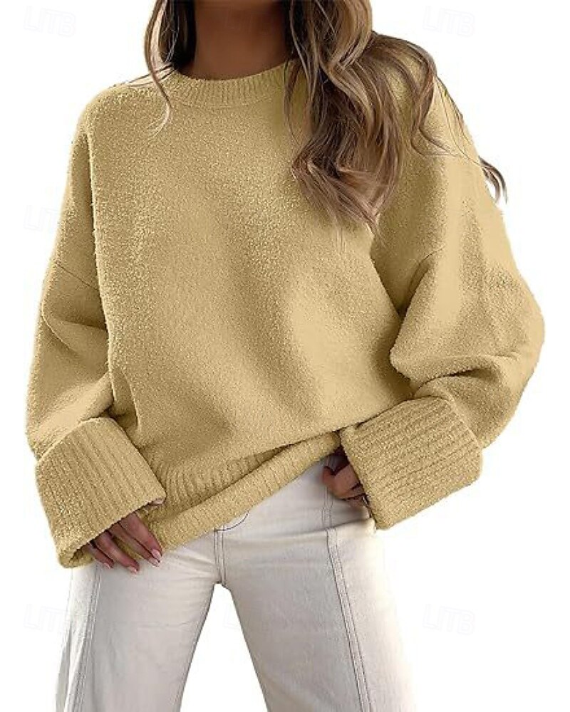 Women's Sweater Pullover Fashion Solid Color Ribbed Crew Neck Knitted Long Sleeve Regular Tops Knit Outdoor Holiday Going out Black White Fall 2025 - $28.99 –P11