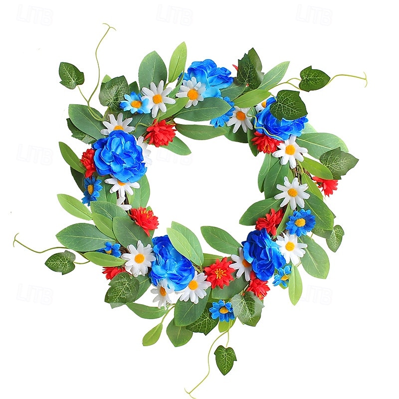 Couronne de marguerites patriotique pour le 4 juillet, guirlande de fleurs artificielles rouges, blanches et bleues, décoration murale de porte pour le jour de l'indépendance de 2025 ? $21.99 –P5