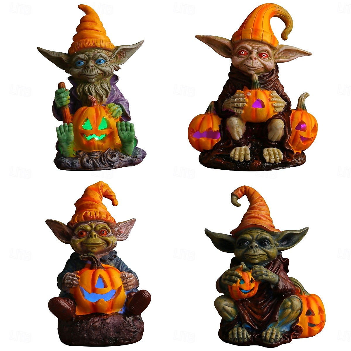Φιγούρα ρητίνης καλικάντζαρου για το Halloween που κρατά κολοκύθα με φώτα, λαμπερό στολίδι ρητίνης ξωτικού, διακόσμηση σπιτιού για τραπέζι 2025 - $17.49 –P4