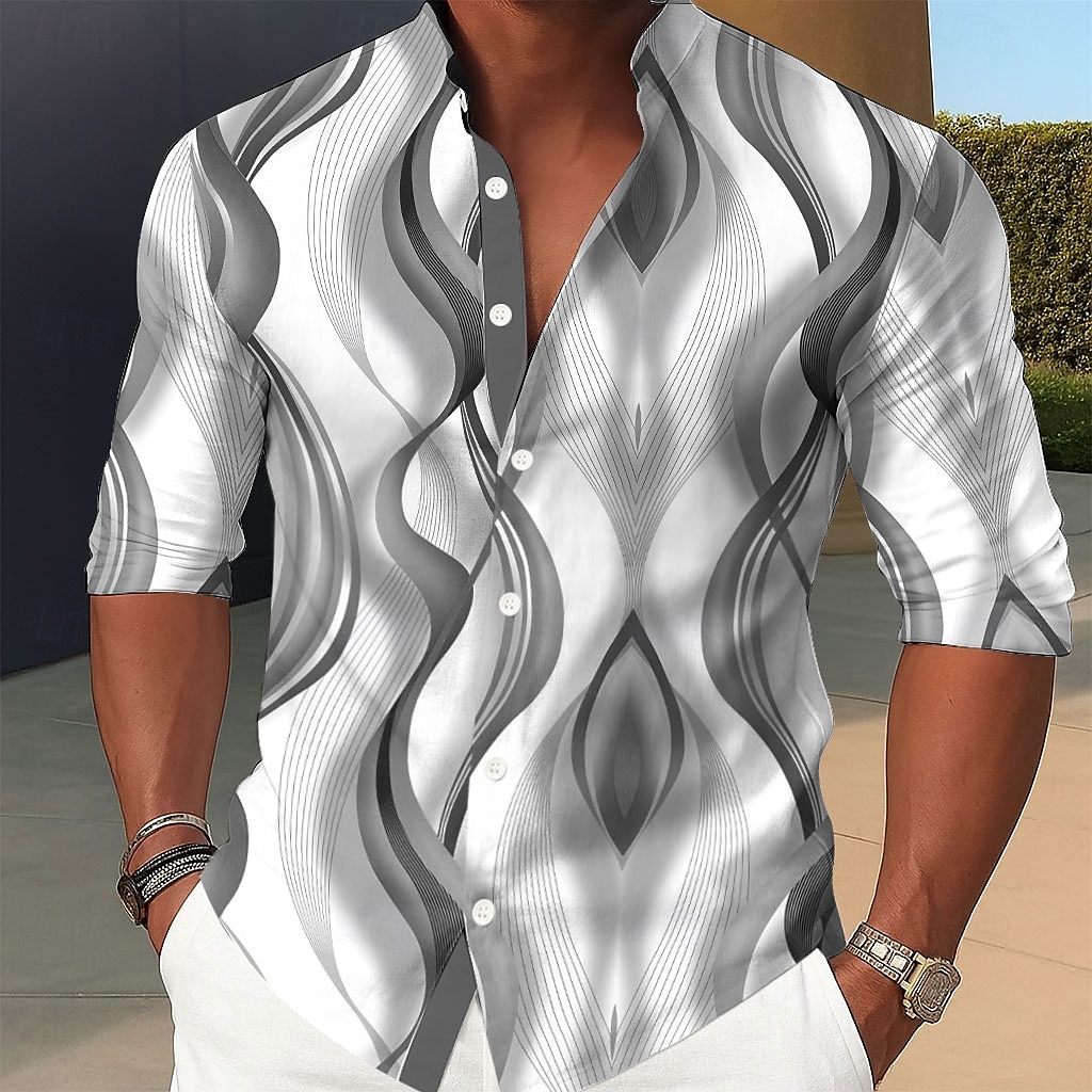 Men's Geometric Gradient Lines / Waves Shirt Stand Collar Shirt Casual Dress Shirt Long Sleeve Business Casual Vacation Home Daily Summer Spring Mandarin Collar Band Collar 3D Print Button Up Shirts 2025 - $25.99 –P4