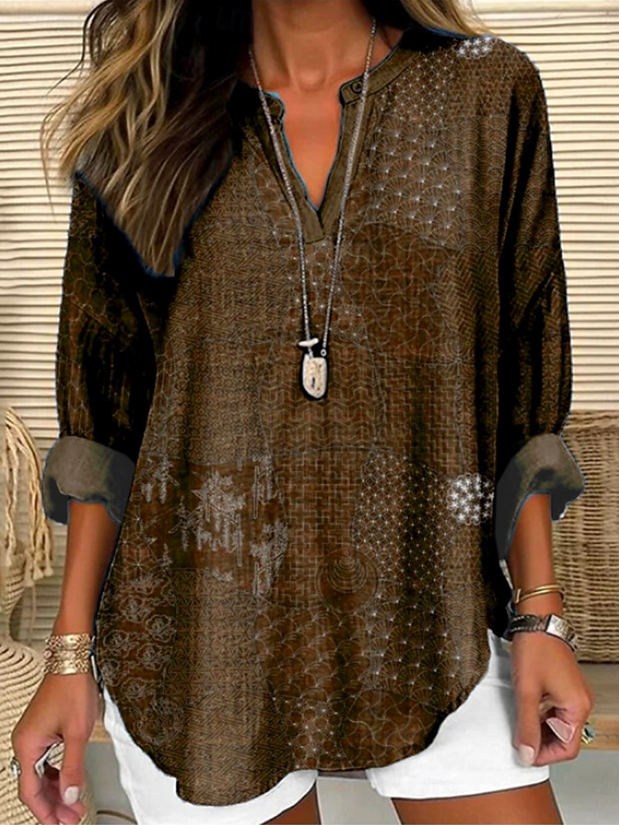 Women's Blouse Floral Graphic Leaves Bohemia Vintage Tropical Long Sleeve V Neck Regular Tops Daily Holiday Beach Wear Print Sage Green Red Navy Blue Dusty Blue Brown Summer Spring 2025 - $19.99 –P5