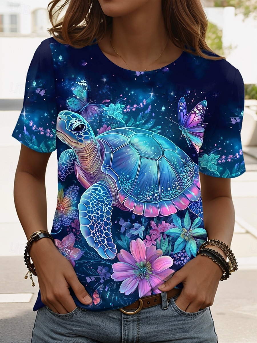 Femmes T-shirt Graphique Animal Tortue de mer ancien Élégant Classique Manche Courte Col ras du cou Col rond Hauts Réguliers Quotidien Week-end Imprimé Blanche Bleu Roi Bleu Vert Blanc Ecru Ét de 2025 ? €17.95 –P2