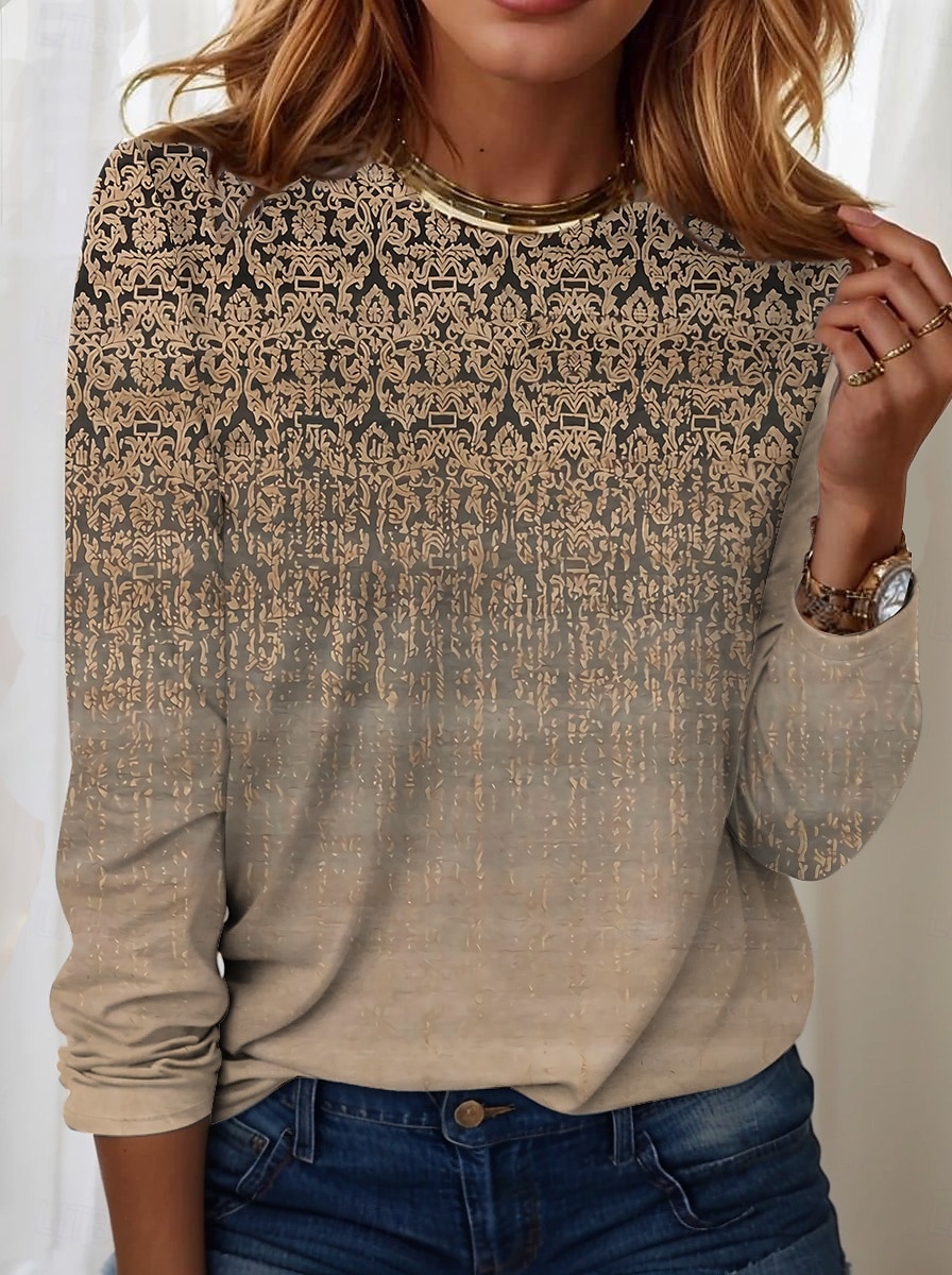 T-Shirt pour femmes streetwear décontracté imprimé manches longues tops réguliers col rond quotidien week-end bleu violet vert khaki printemps automne de 2025 ? $22.99 –P1