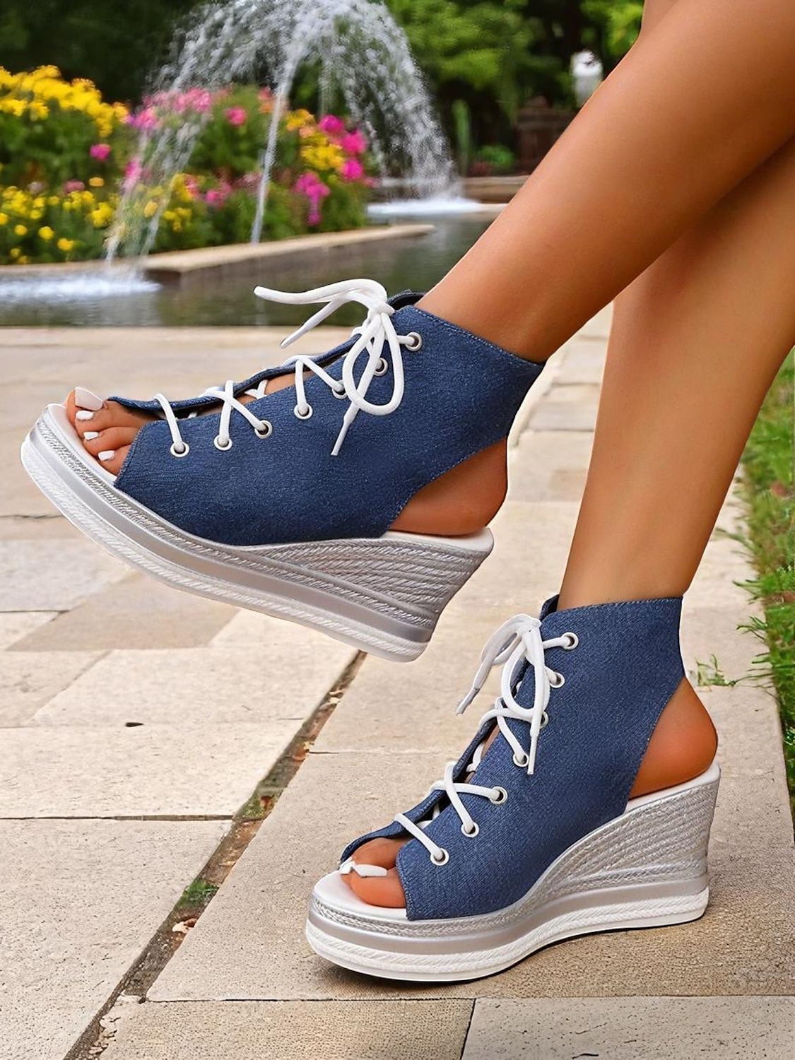 damskie sandały na koturnie z denimu, modne letnie buty z odkrytymi palcami, idealne na basen, wyjścia na brunch i do nadmorskich kawiarni 2025 - $26.99 –P5