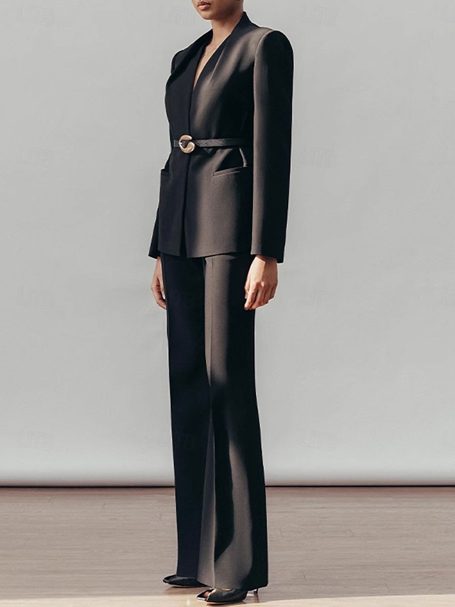 Tvådelad Byxdress Brudens Mor Kragefri Plisserad Blazer Set V-Nacke Långa Ärmar Golvlängd Byxor 2025 - $169.99 –P9