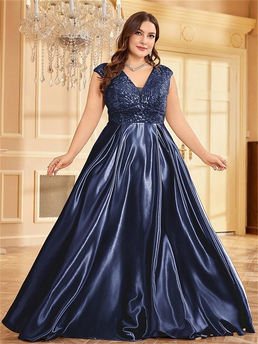 Robe A-Line Grande Taille Élégante Robe Courbe De Mariage Formelle Longue Au Sol Manches Courtes Col en V Satin Dos Nu Avec Plis 2025 de 2025 ? $119.99 –P22