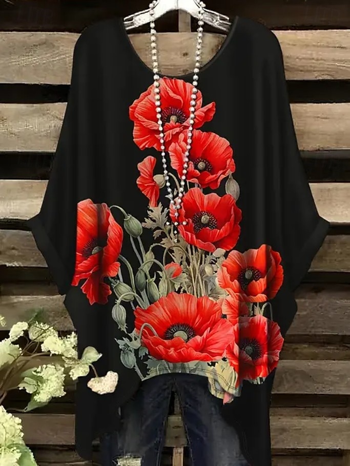 Women's Boho Shirt Floral Graphic Elegant Bohemia Active Short Sleeve Batwing Sleeve Crew Neck Regular Tops Daily Holiday Beach Wear Black White Red Blue Purple Summer Spring 2025 - $22.99 –P5