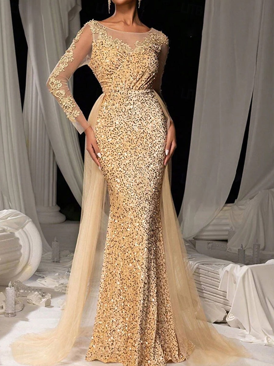 Brown Mermaid / Trumpet Evening Gown Elegant Dresse Embroidered Lace Applique Formal Wedding Floor Length Long Sleeve Crew Neck Tulle with Sequin Skirt 2025 - $119.99 –P10