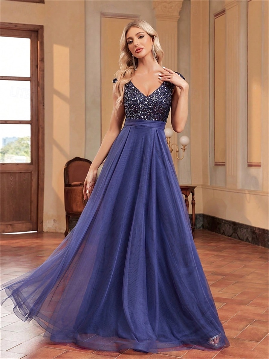 Abiti per Quinceanera A-Line elegante abito formale per matrimonio lunghezza del pavimento senza maniche scollo a V tulle con schiena a V e paillettes del 2025 a $99.99 –P13