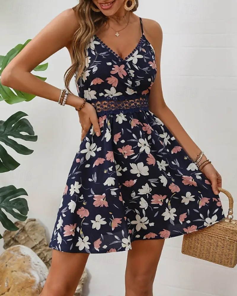 Femmes Mini Robe Robe Fleurie Robe d'été Robe Nuisette Robe Imprimée Classique Moderne Vacances Sortir Week-end Coupe régulière Fleur Sans manches Bretelles spaghetti Noir Bleu de minuit Été de 2025 ? $22.99 –P3