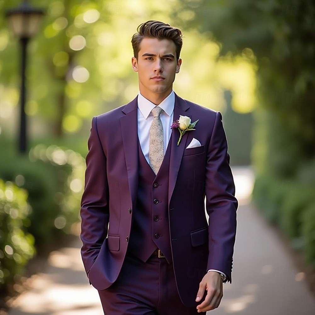 Men's Wedding Party Evening Wear Suits Grape Dark Grey Fashion Formal Solid Colored Standard Fit 3 Piece Single Breasted Two-buttons 2025 - $122.99 –P2
