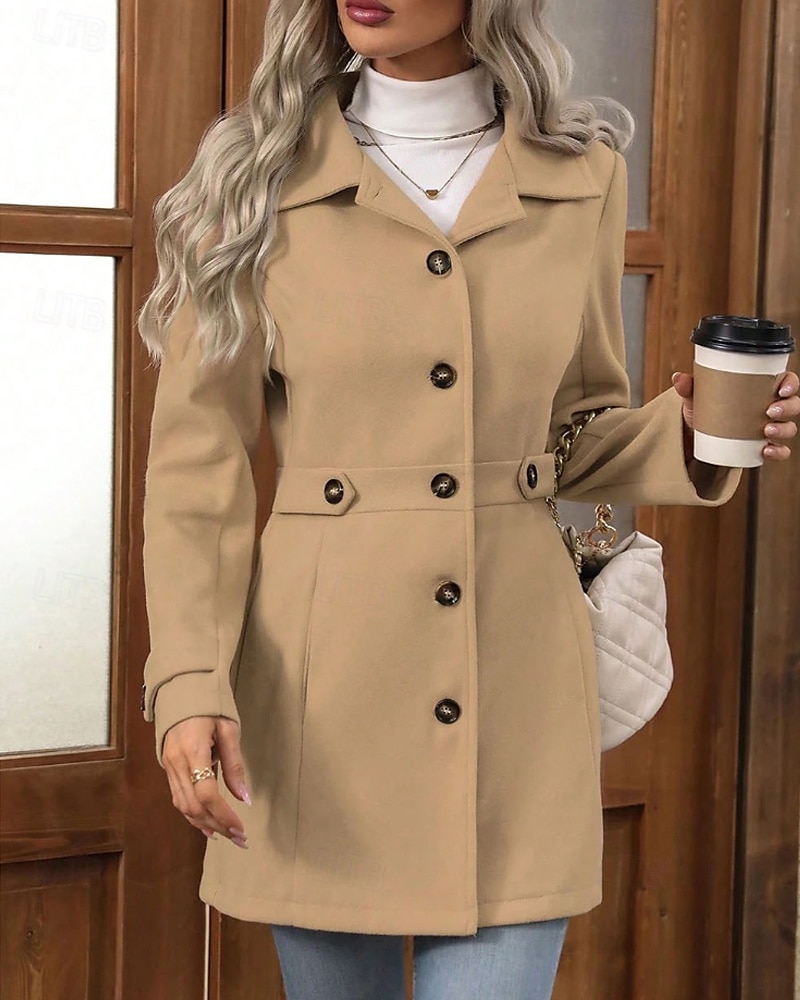 Mujer Abrigo de invierno Abrigo Mantiene abrigado Cómodo Botones Moda Plano Vacaciones Casual Diario Botonadura Simple Largo Cuello Vuelto Ajuste regular Manga Larga Ropa de calle Caqui Otoño Invierno 2025 - $29.99 –P1
