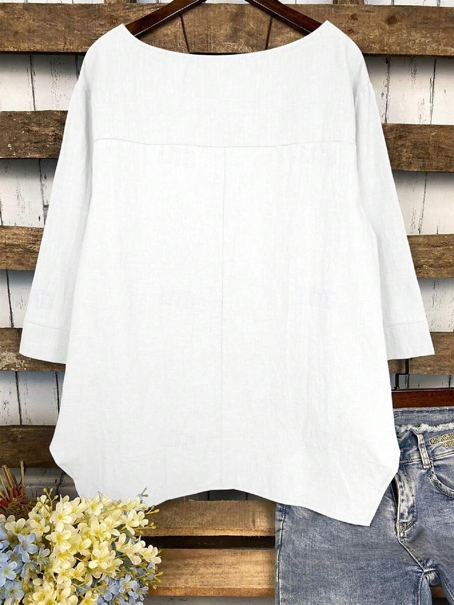 Women's Cotton Linen Blouse Solid Color Elegant Casual 3/4 Length Sleeve Crew Neck Boat Neck Regular Tops Daily Holiday Black White Navy Blue Green Summer Fall 2025 - $31.99 –P4
