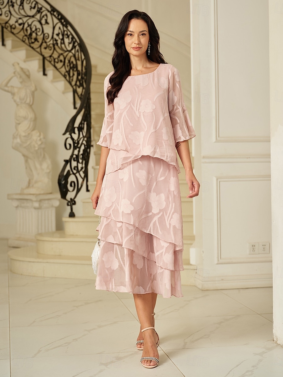 Dame الالتفاف Elegant Midi Medium Midje Skjørt Blomster Multi Layer Uelastisk Fest Avslappet Rosa Sommer Chiffon 2025 - $59.99 –P6