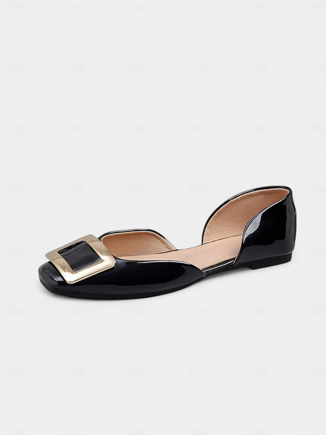 damskie czarne lakierowane baleriny ze złotą klamrą, elegancki kwadratowy nosek, buty wsuwane do biura i na co dzień 2026 - $29.99 –P1