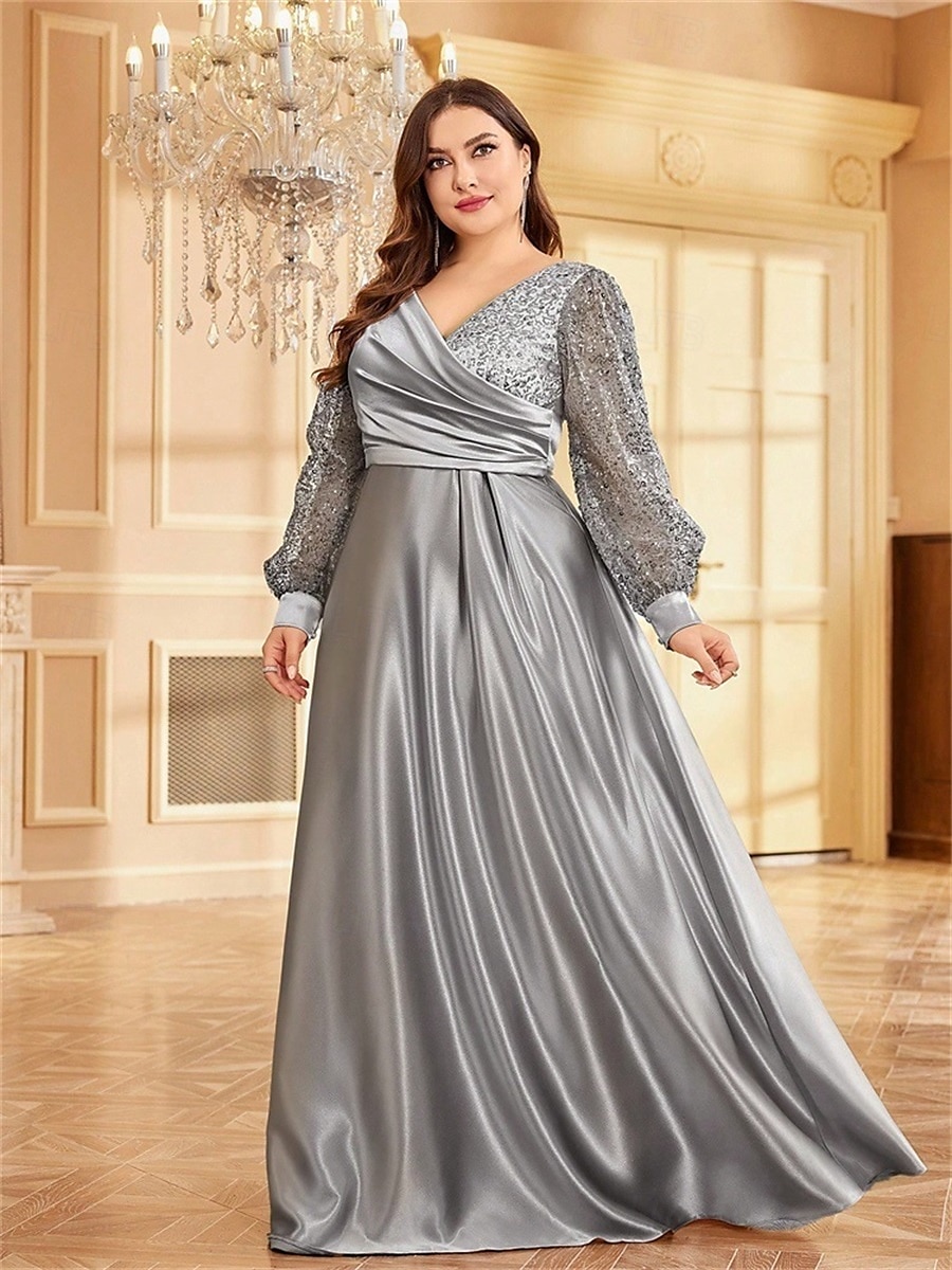 Robe A-Line Grande Taille Élégante Robe Courbe De Mariage Formelle Longue Au Sol Manches Longues Col en V En Polyester Avec Plis 2025 de 2025 ? $119.99 –P34