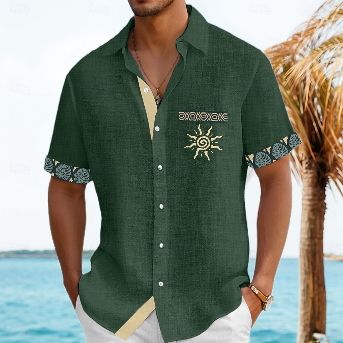 Men's Shirt Linen Shirt Summer Shirt Beach Shirt Button Up Shirt Tribal Casual Holiday Black Navy Blue Green Khaki Short Sleeve Turndown Summer Clothing Apparel Front Pocket 2026 - $26.99 –P11