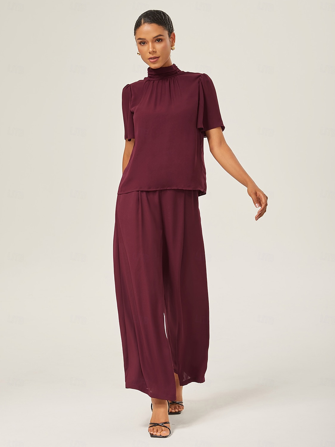 elegante completo in chiffon arricciato con collo alto del 2025 a $84.99 –P5