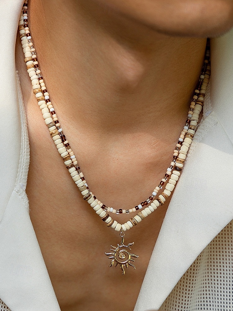 Men's Tribal Beaded Sun Pendant Necklace – Retro Bohemian Layered Jewelry with Adjustable Length for Beach, Festival and Casual Summer Outfits 2025 - $11.99 –P1