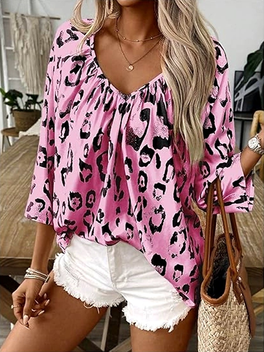Damskie Letnie szczyty Graficzny Zwierzę Panterka Zabytkowe Codzienny Elegancki Rękaw 3/4 W serek Zwykłe topy Codzienny Smocked Nadruk Czarny Khaki Beżowy Lato Wiosna Jesień 2025 - $17.99 –P6