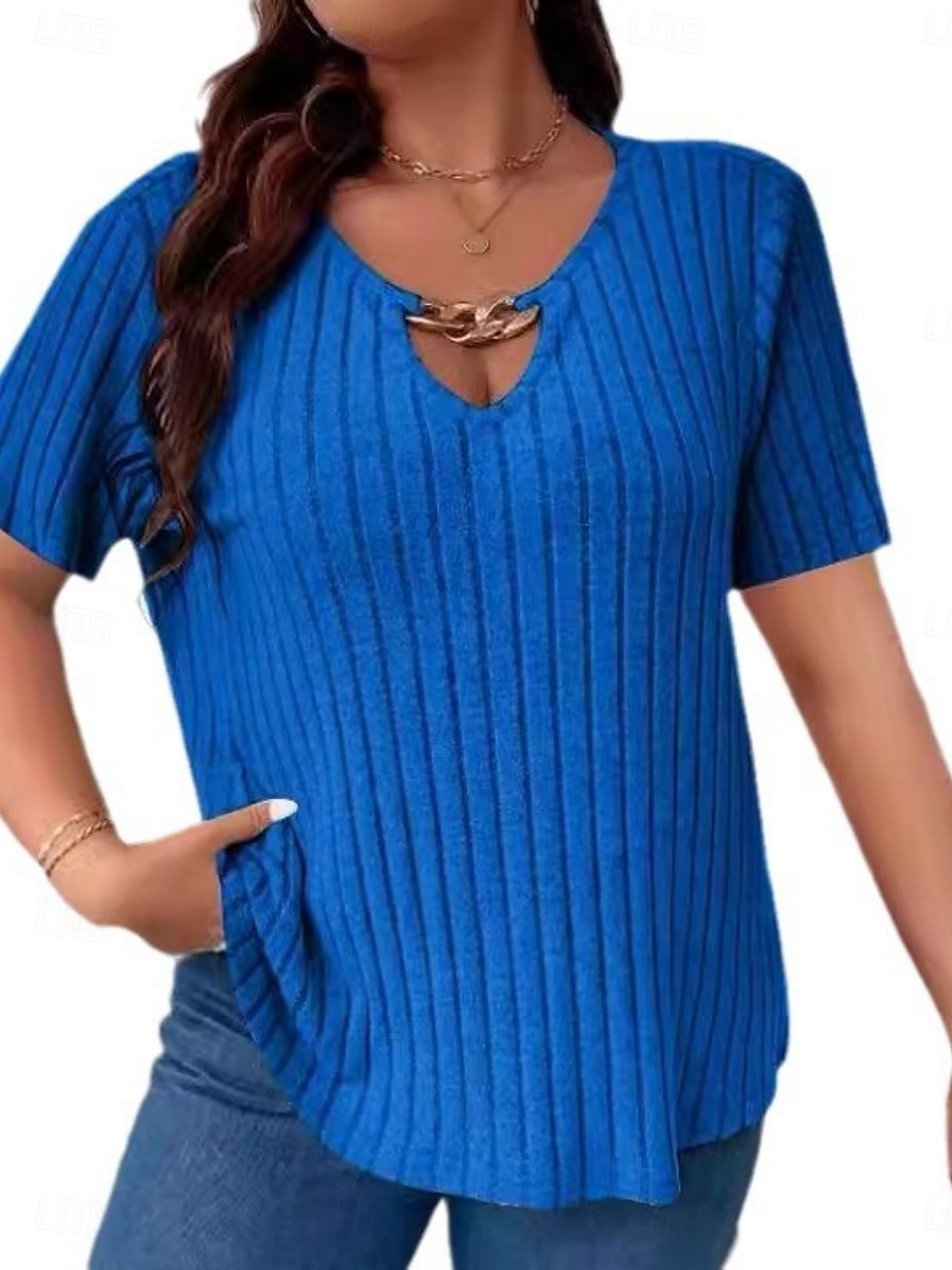 Pentru femei Plus Size Topuri Tricou Culoare solidă Peteci Manșon scurt În V Modă Șic Stradă Casual Zilnic Sfârșit de săptămână Împletit Vară Albastru regal Maro 2025 - $19.99 –P7