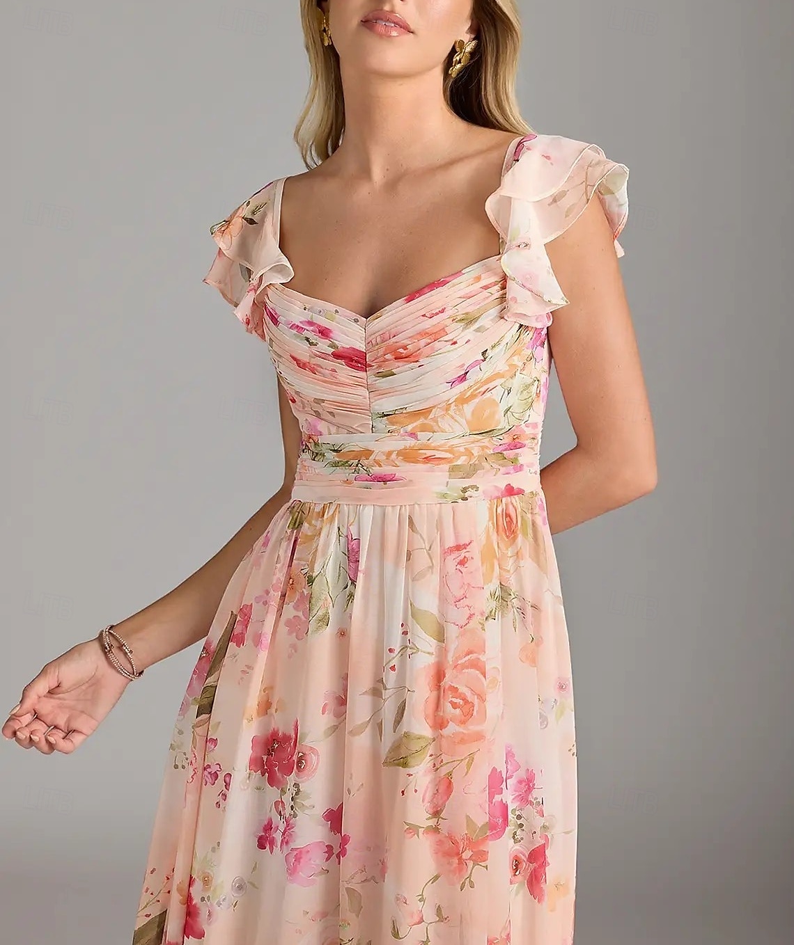 Vestido de Madrinha em A Decote V Sem Mangas Elegante Comprimento do Tornozelo Chiffon com Pregas  Rendas  Pregas de 2025 por $152.99 –P5